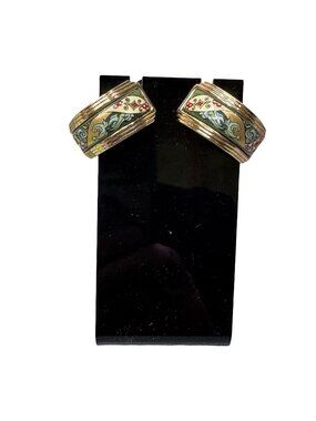 Michaela Frey Wien Gold-Tone Clip-On Earrings Art Deco Enamel Floral Design Vtg